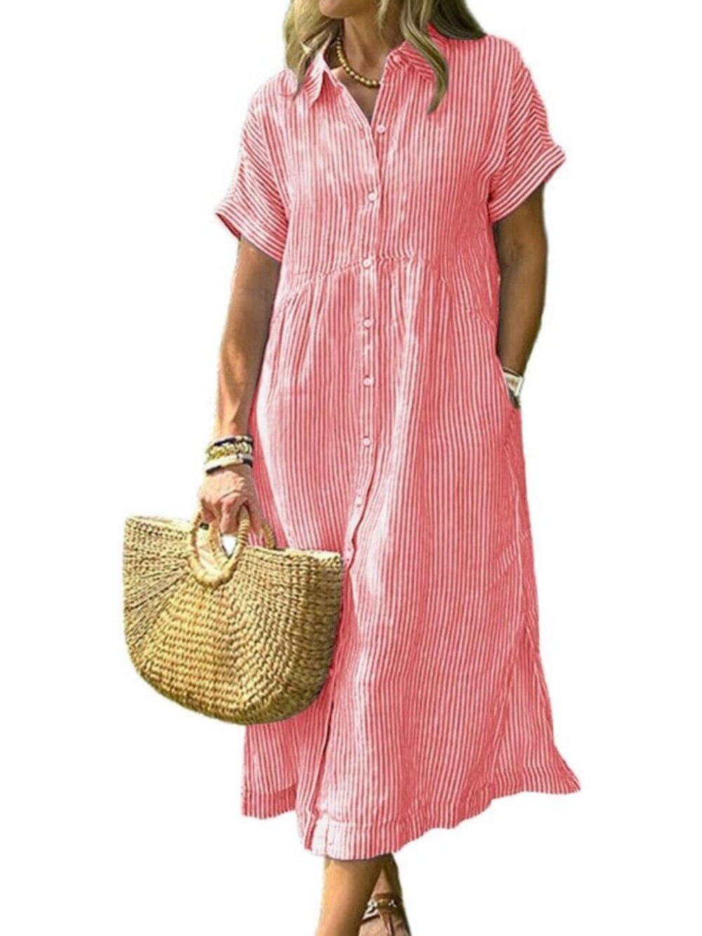 Summer Striped Midi Dress - Casual Loose Short Sleeve Button Down for Women
